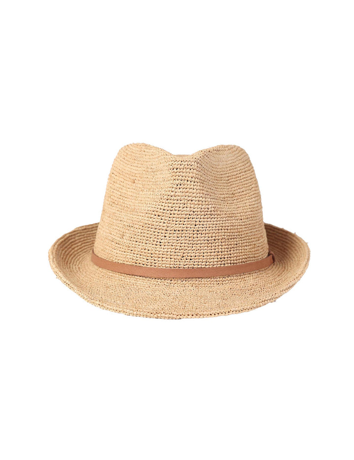 Hand-Crocheted Raffia Trilby Hat – Vegan Leather Trim | Unisex Summer Style