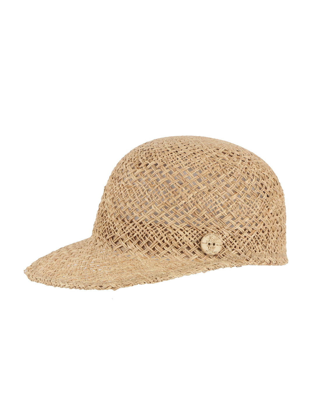 Mossant Beige woven cap with a button on a white background