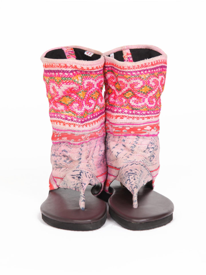 Vintage Hmong Tribal Print Flat Bootie Sandal | Light pink Hmon
