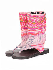 Vintage Hmong Tribal Print Flat Bootie Sandal | Light pink Hmon