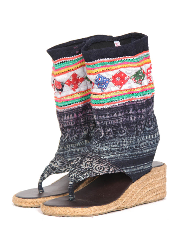Vintage Hmong Tribal Print Wedge Bootie Sandal